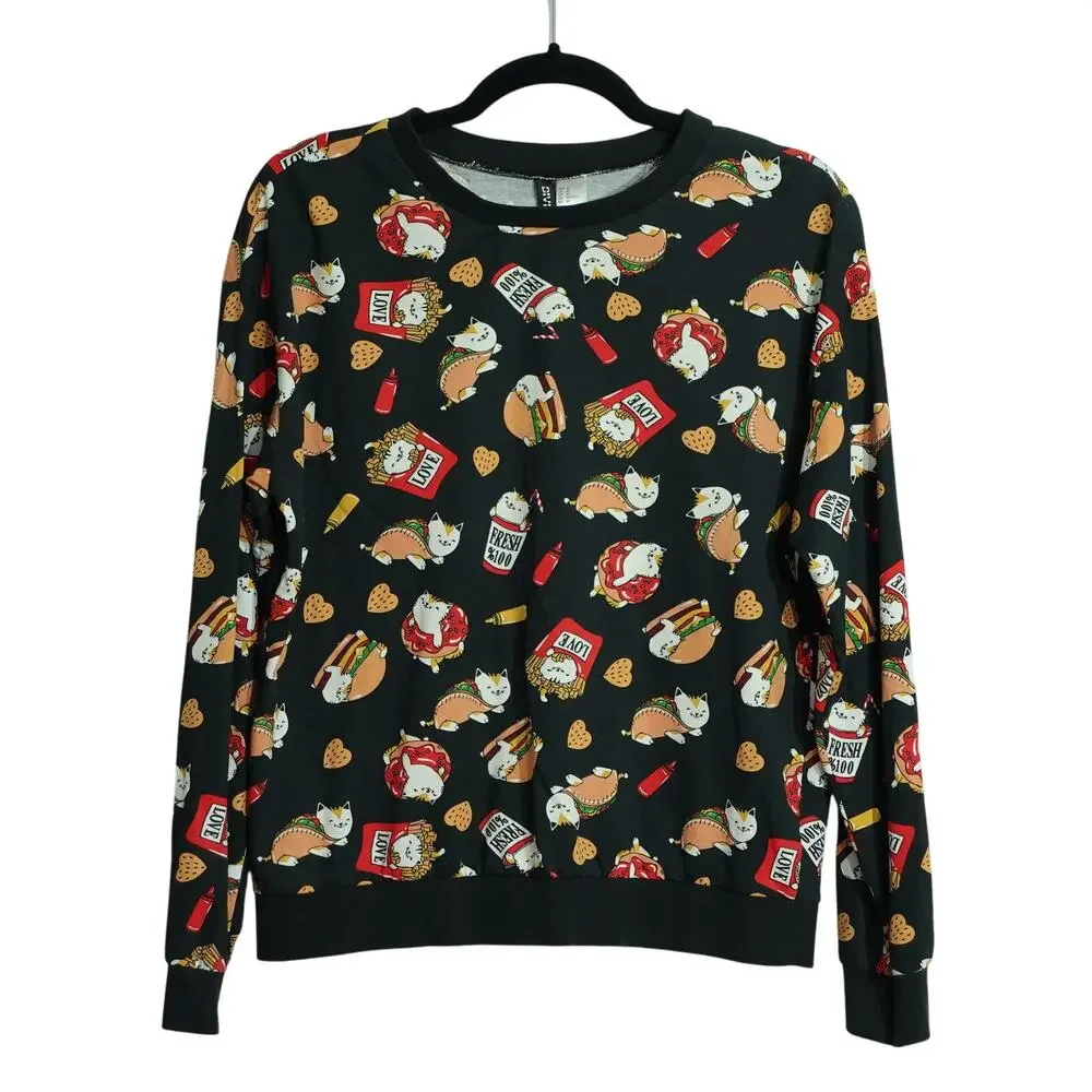 Womens Crew Neck Sweater - Cat Fries Taco Graphic Print - Black - Size Medium - Picture 1 of 8